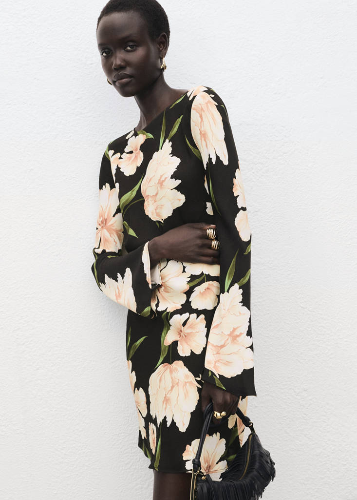 Floral-print dress with bell sleeves — Black