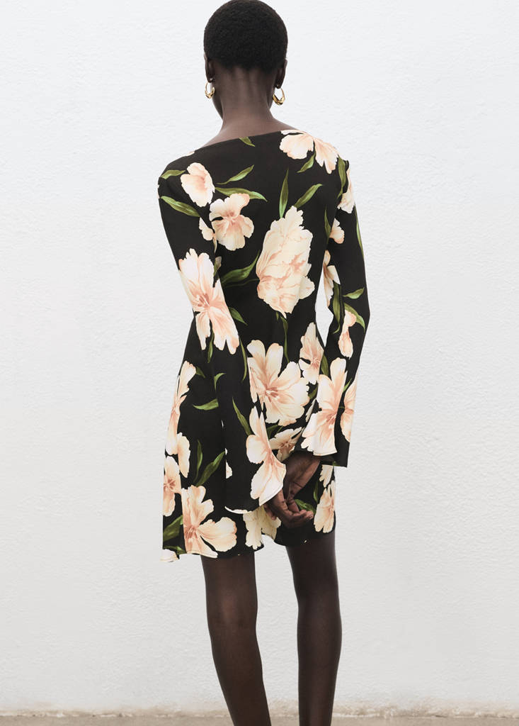 Floral-print dress with bell sleeves — Black
