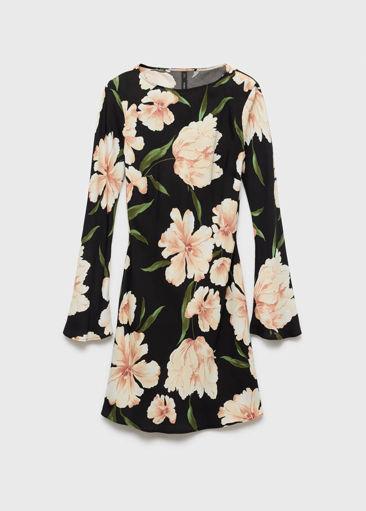Floral-print dress with bell sleeves — Black