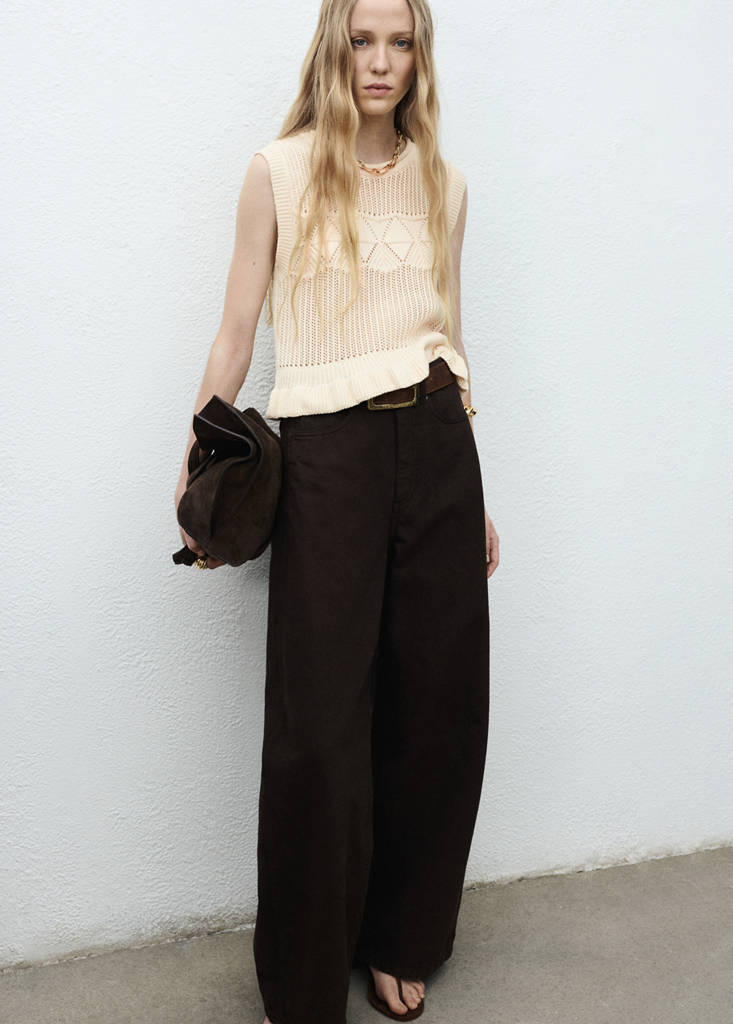 Openwork knit waistcoat with ruffle — Ecru