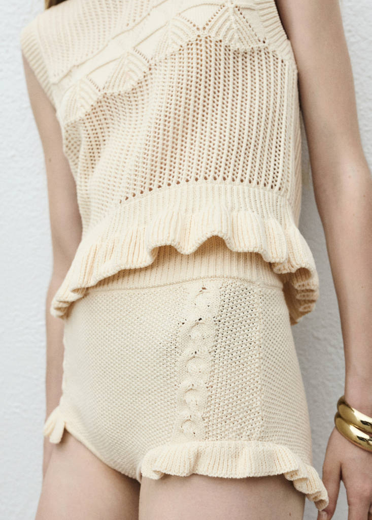 Openwork knit waistcoat with ruffle — Ecru