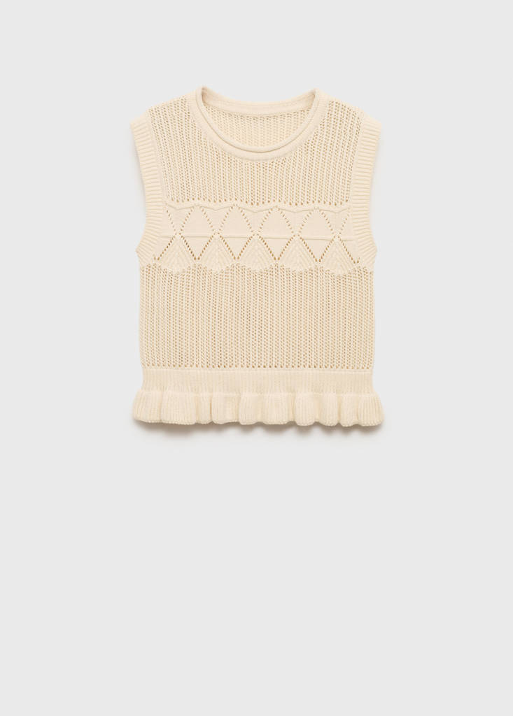 Openwork knit waistcoat with ruffle — Ecru