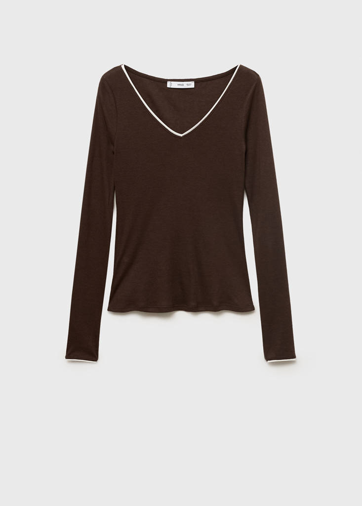 V-neck combined-fabric t-shirt — Brown