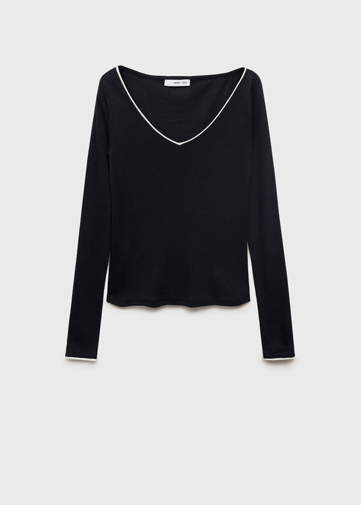 V-neck combined-fabric t-shirt — Dark Navy