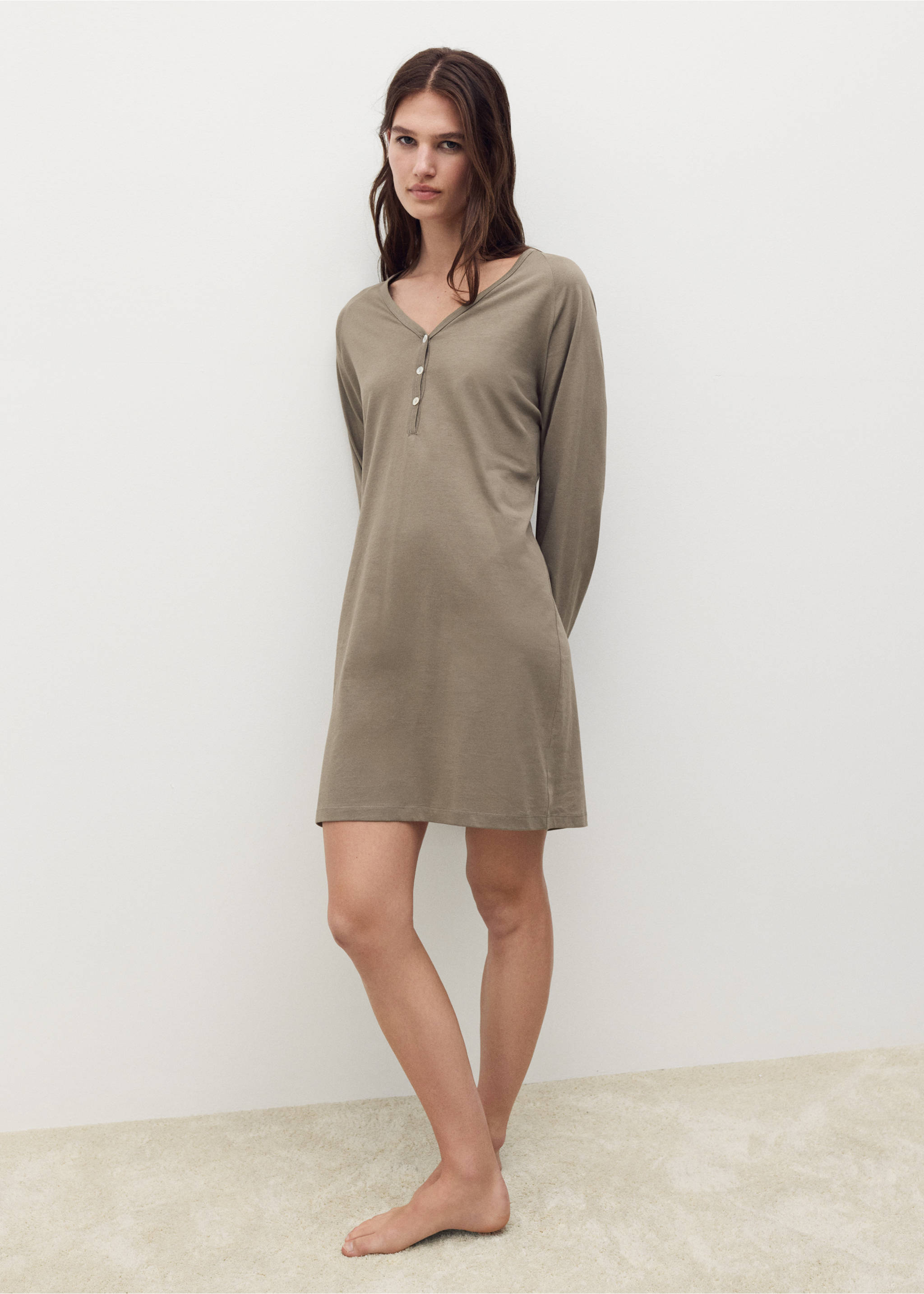 Cotton nightdress with button detail - General plane, Medium Brown. Ref: 17084103-00.