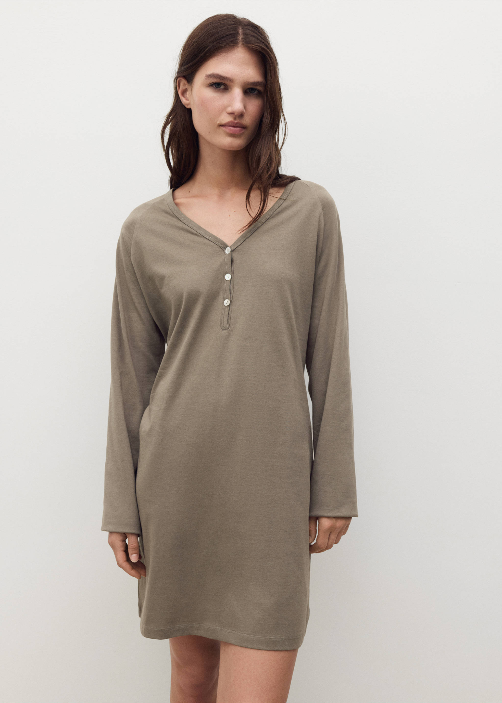 Cotton nightdress with button detail - Medium plane, Medium Brown. Ref: 17084103-00.