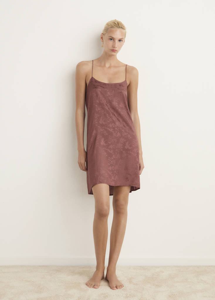 MANGO - Chemise de nuit en satin jacquard marron - L