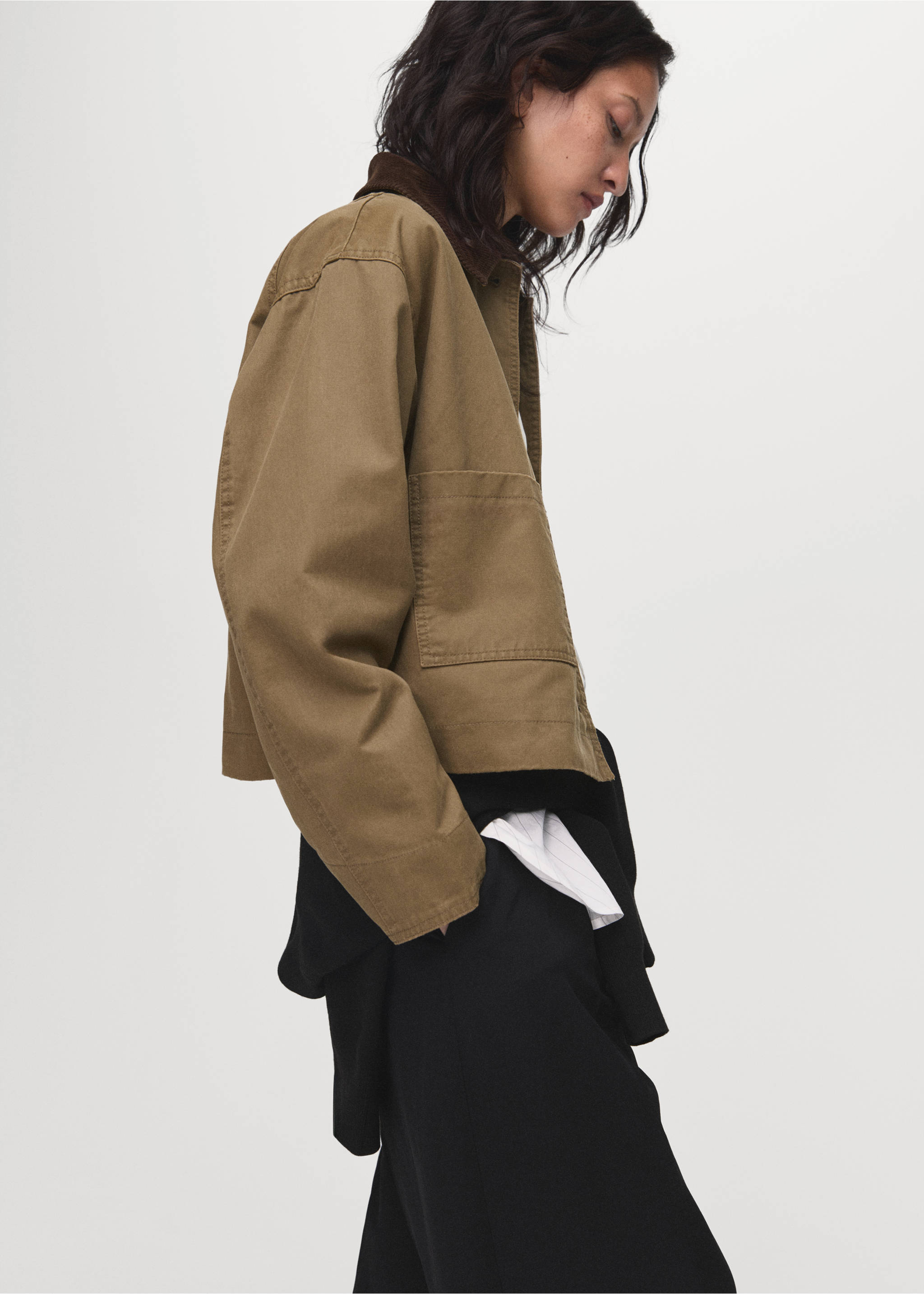 Denim parka with corduroy collar - Details of the article 2, Ochre. Ref: 17084120-00.