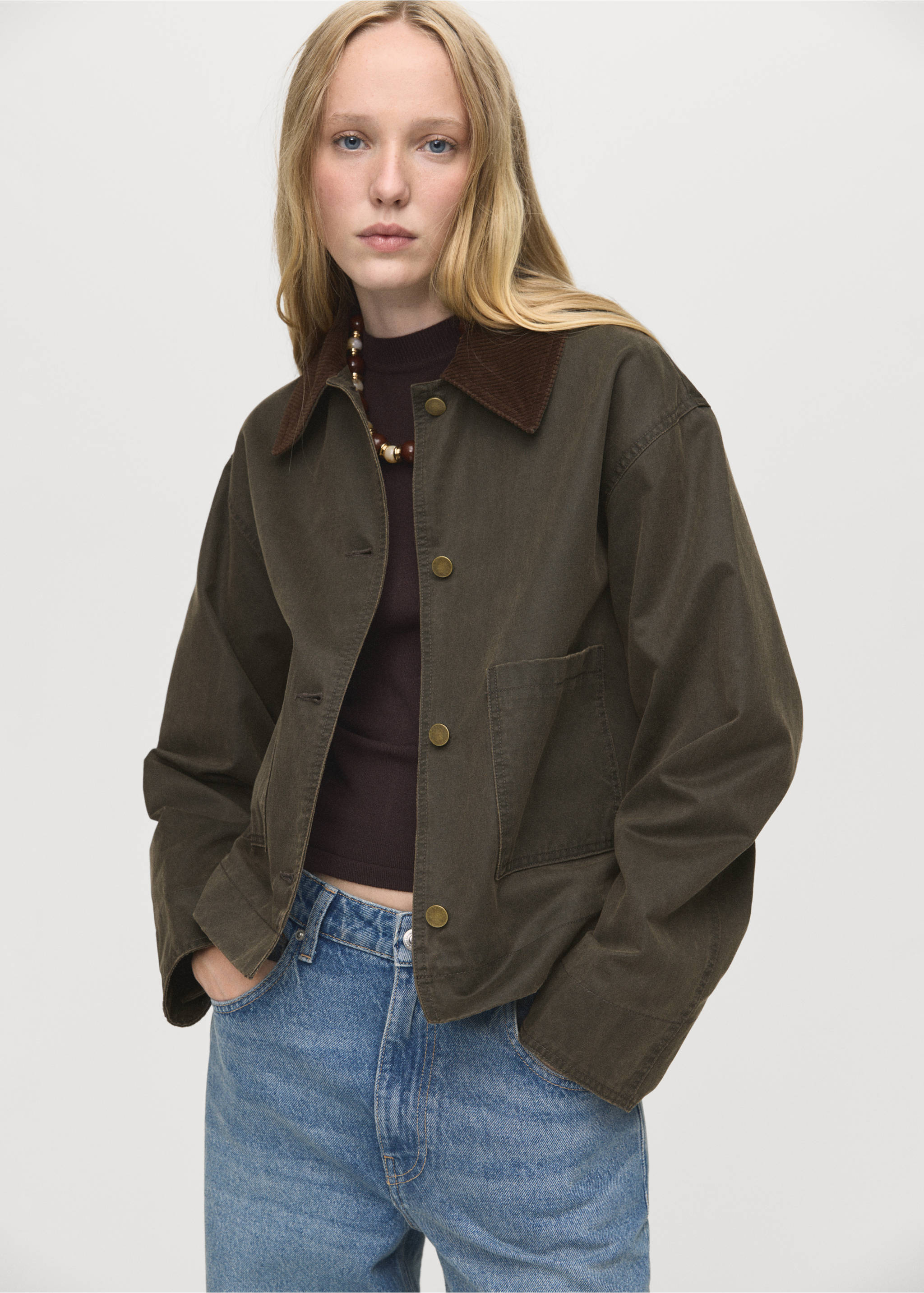 Denim parka with corduroy collar - Medium plane, Khaki. Ref: 17084120-00.