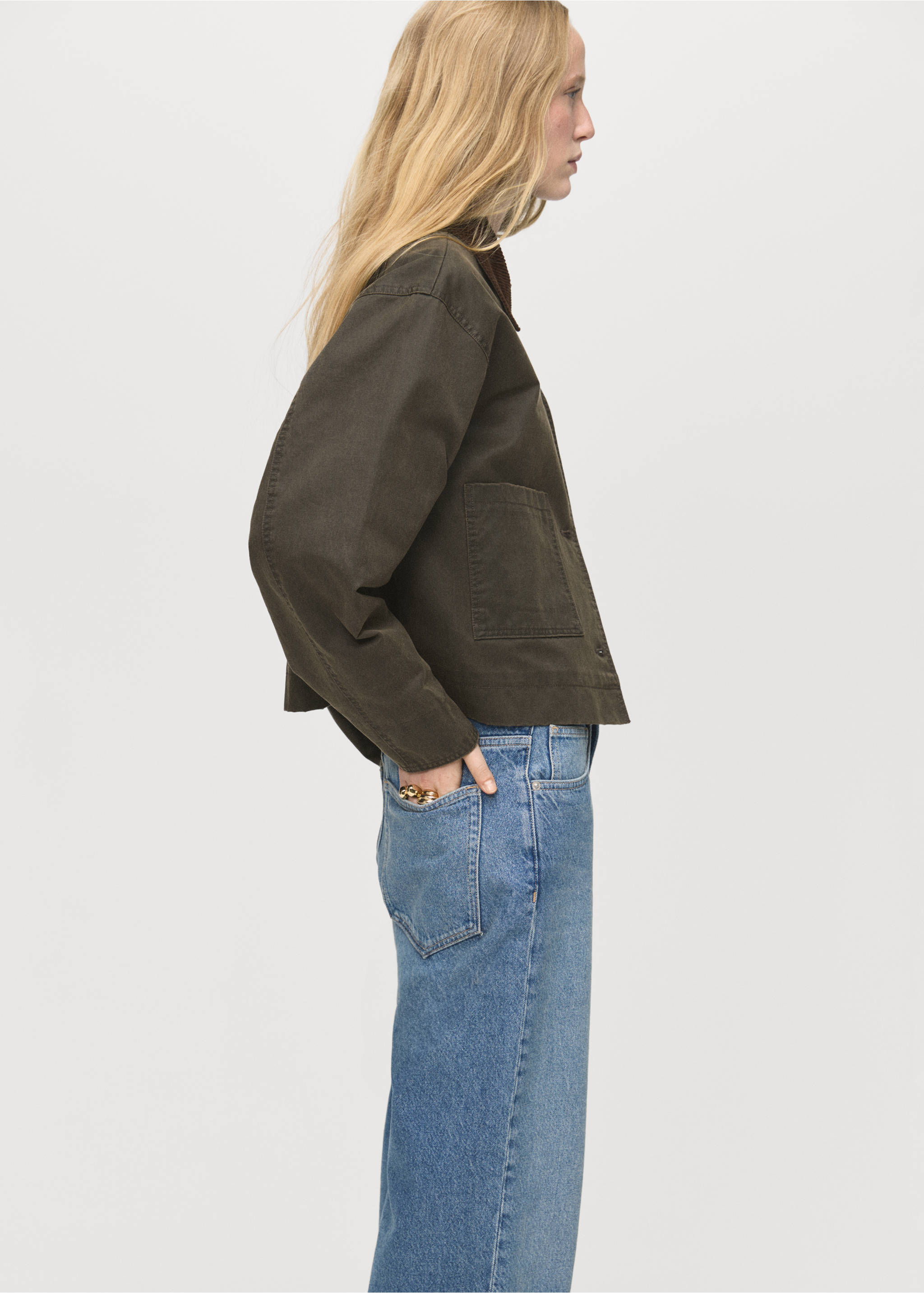 Denim parka with corduroy collar - Details of the article 3, Khaki. Ref: 17084120-00.