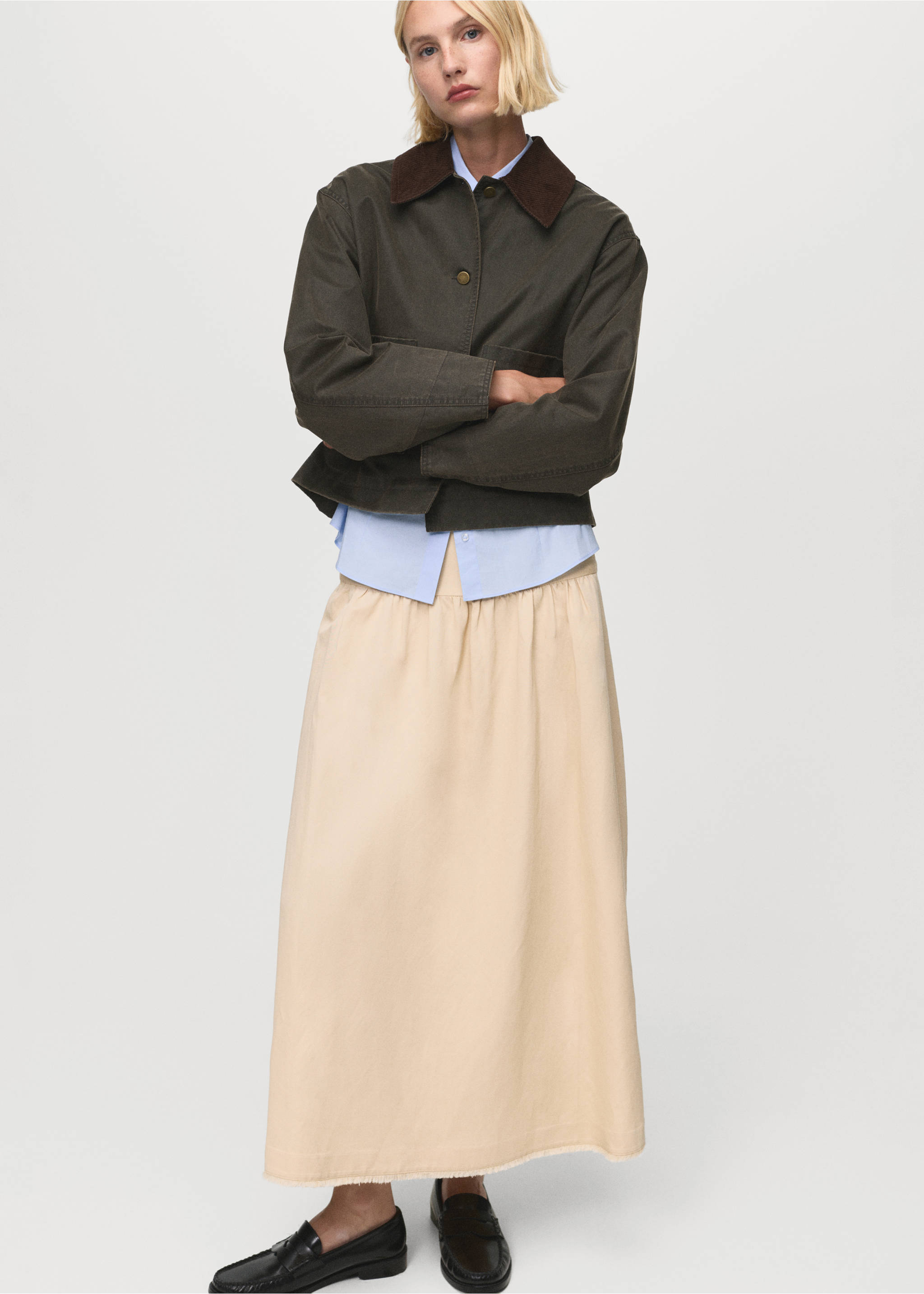 Denim parka with corduroy collar - Details of the article 2, Khaki. Ref: 17084120-00.