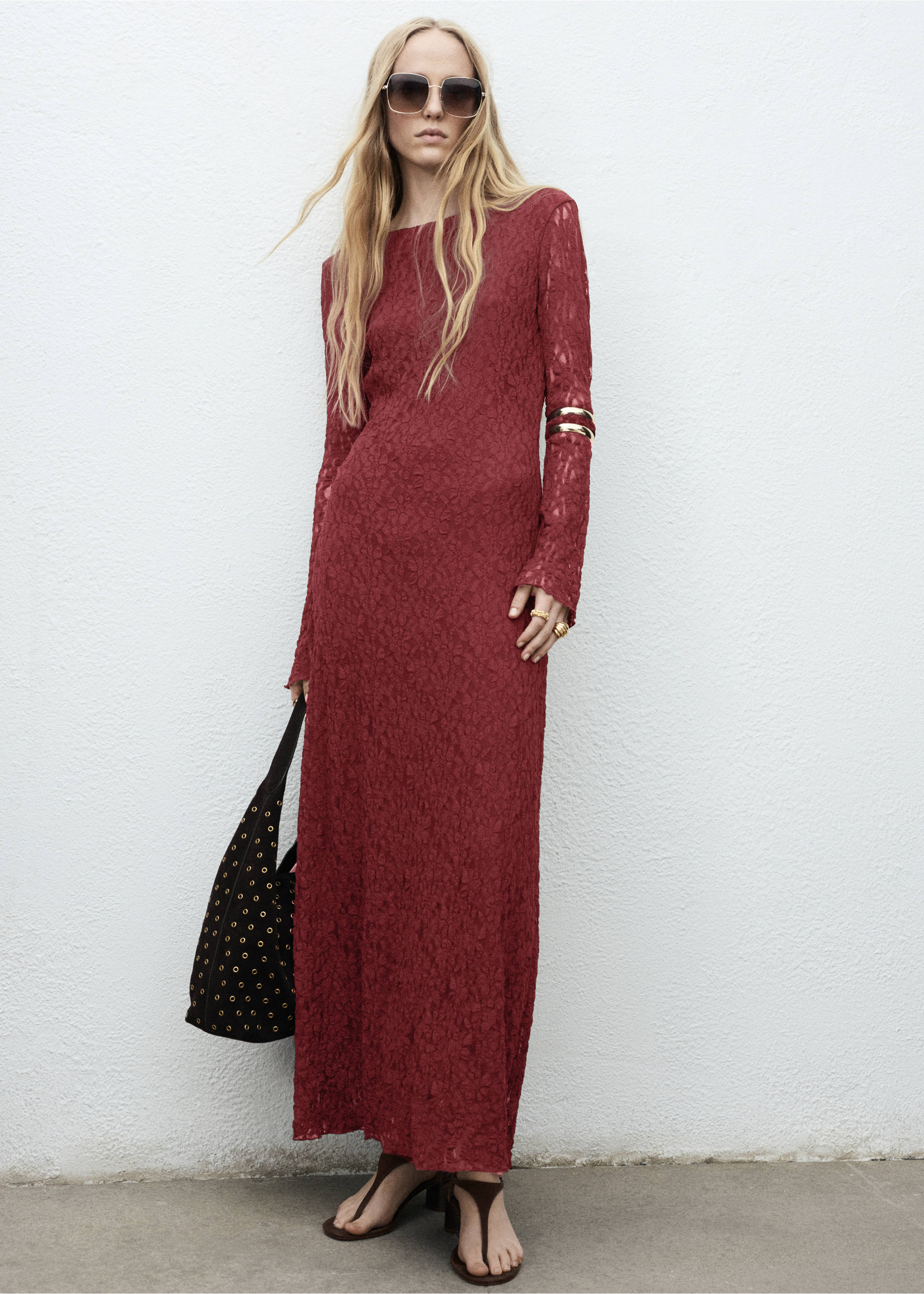 Lace dress with bell sleeves - General plane, Wine. Ref: 17084141-00.