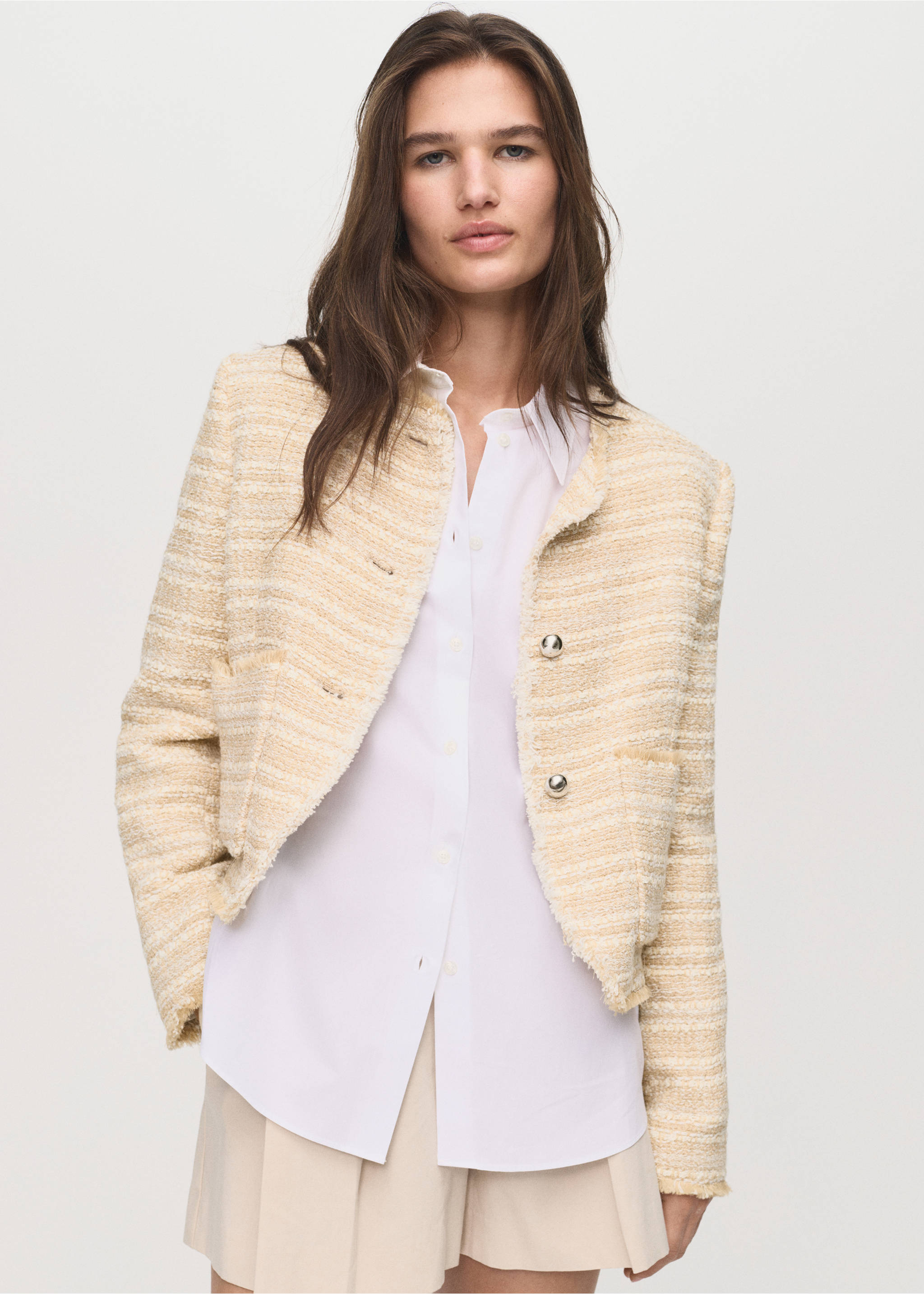Veste tweed boutons bijoux - Plan moyen, Beige. Ref: 17084146-00.