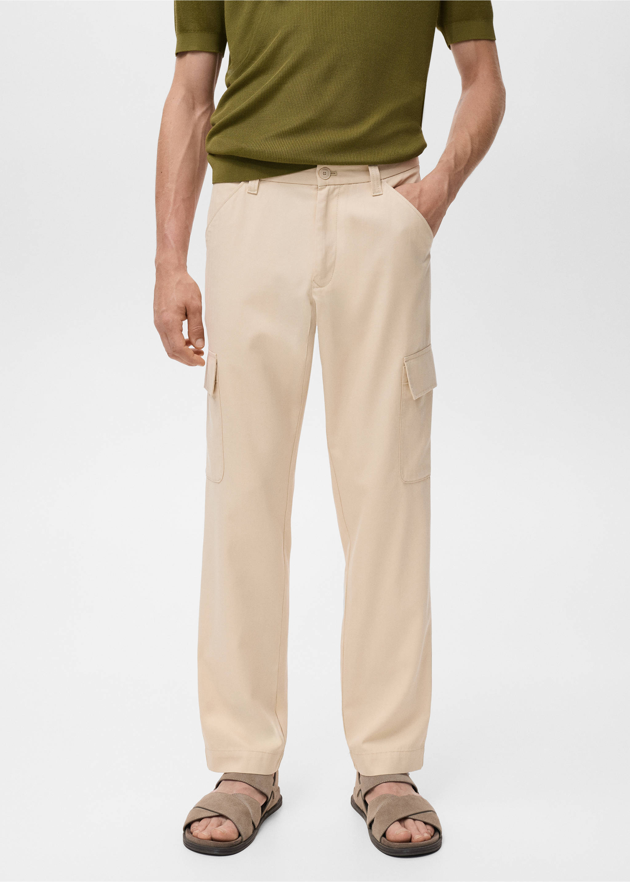 Pantalon cargo coton et lyocell - Plan moyen, Beige. Ref: 17084404-00.