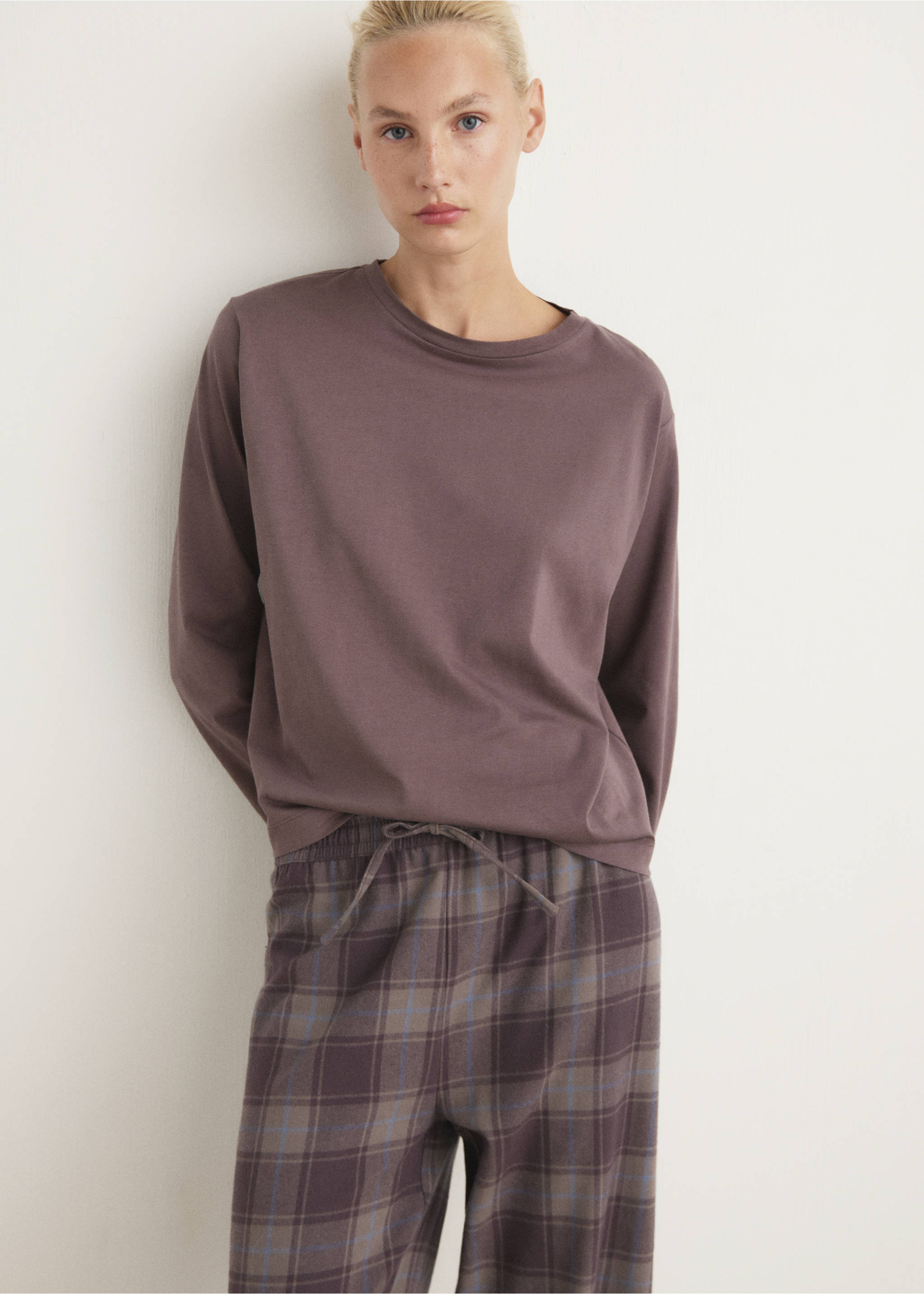 Two-piece flannel check pajamas - Details of the article 1, Ink Blue. Ref: 17084406-00.