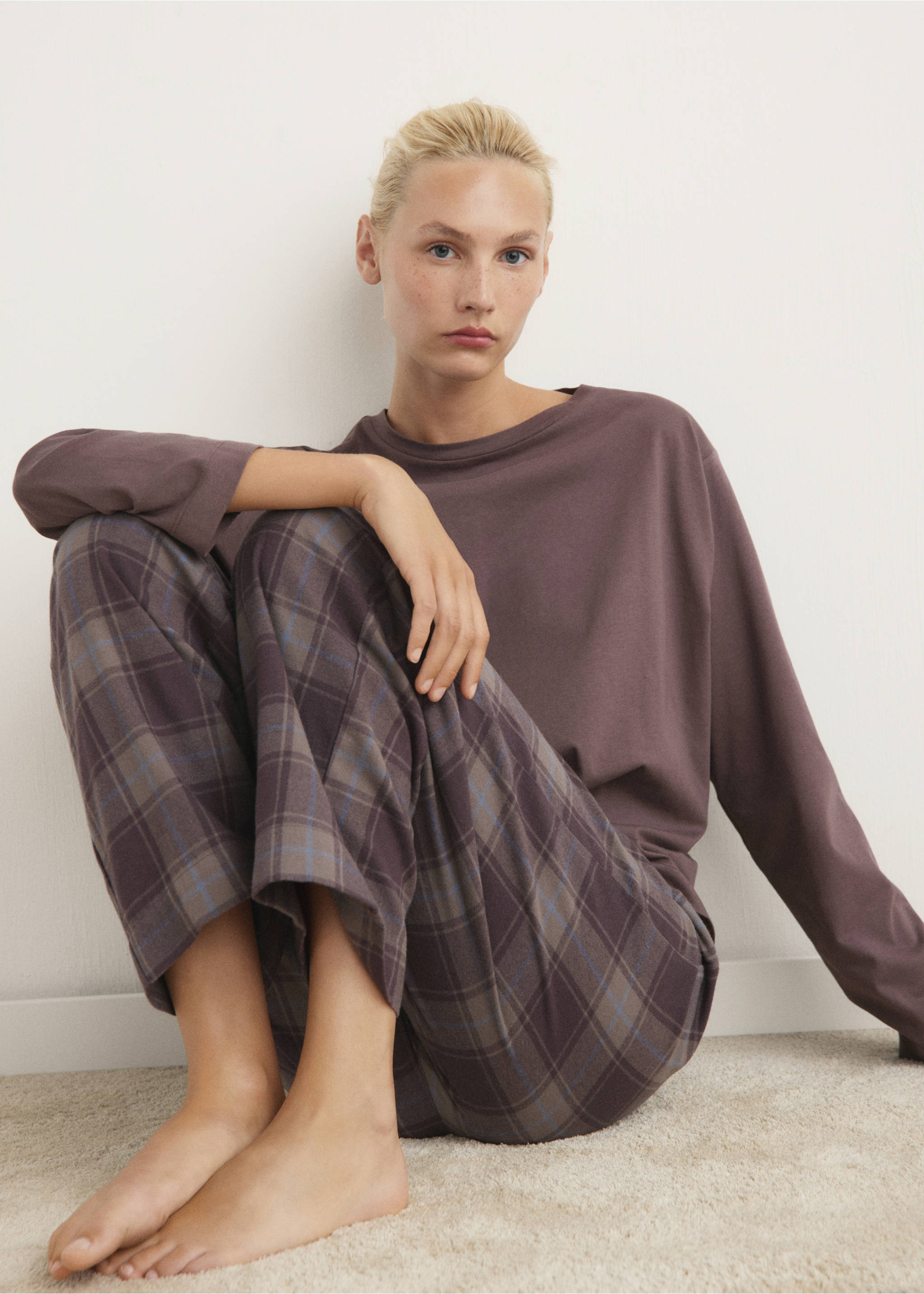 Two-piece flannel check pajamas - Details of the article 2, Ink Blue. Ref: 17084406-00.