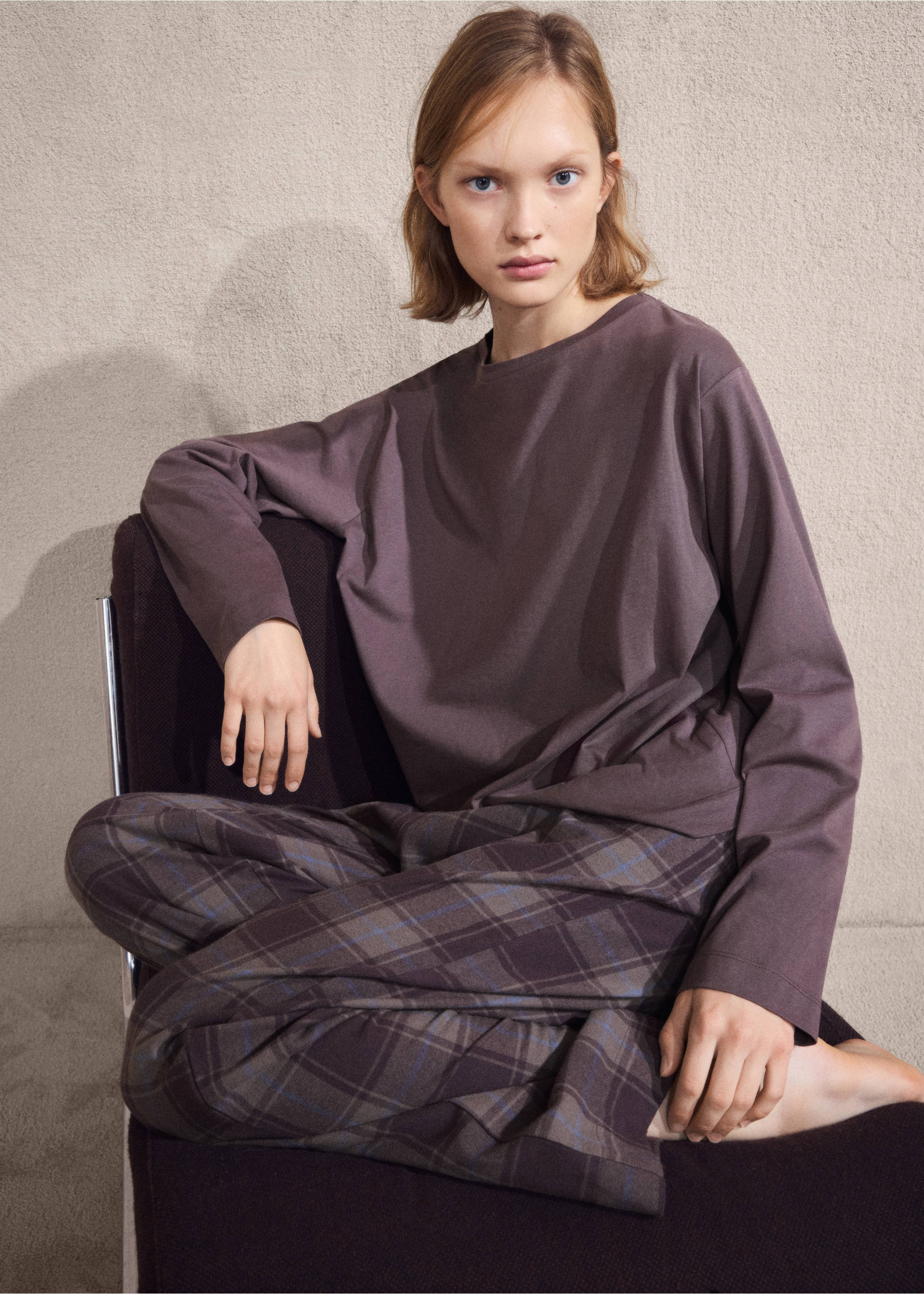 Two-piece flannel check pajamas - Details of the article 2, Ink Blue. Ref: 17084406-01.