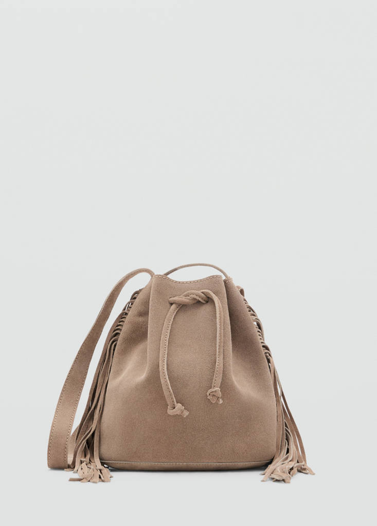 Fringed leather bucket bag — Sand