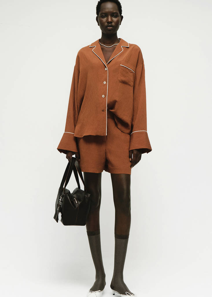 Textured shirt with contrasting trim — Brown