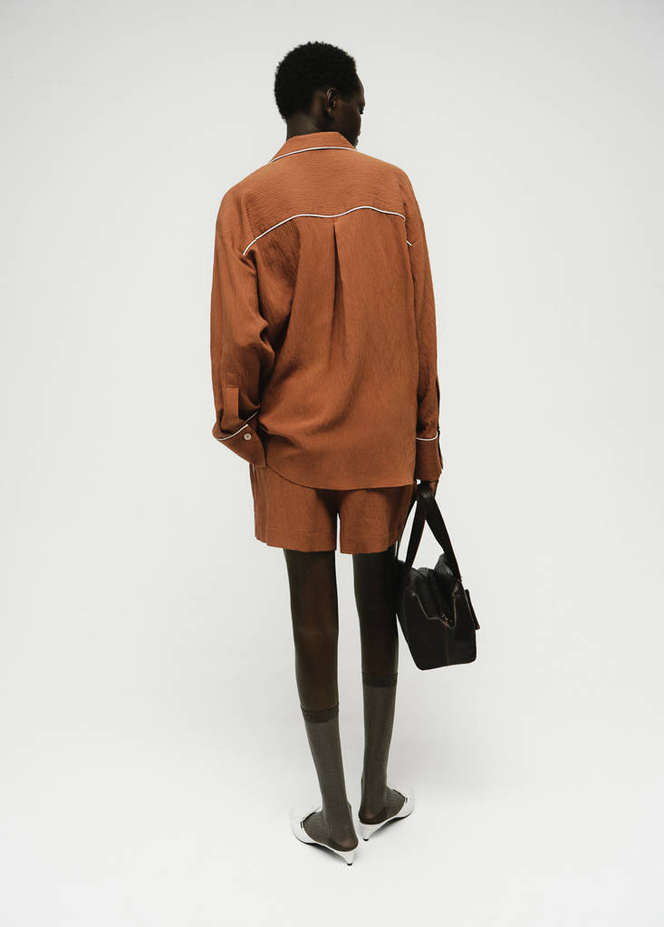 Textured shirt with contrasting trim — Brown