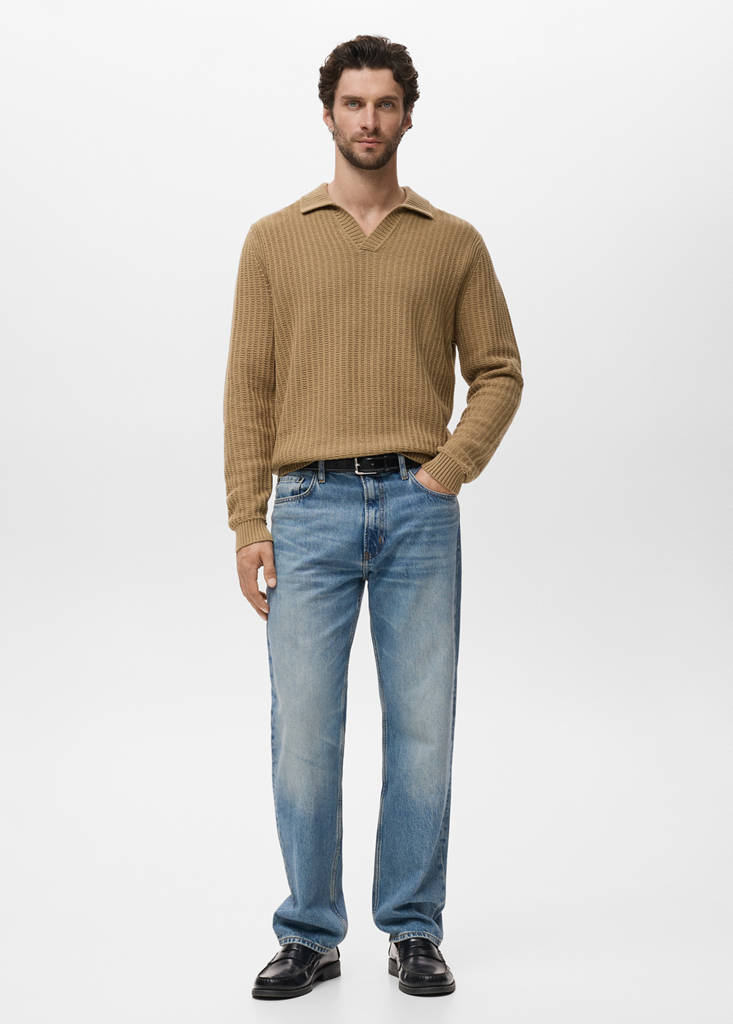 Knitted structured polo sweater — Beige