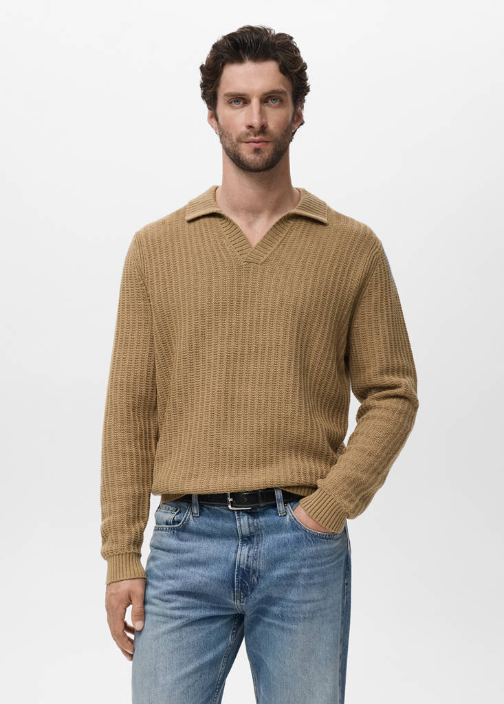 Knitted structured polo sweater — Beige
