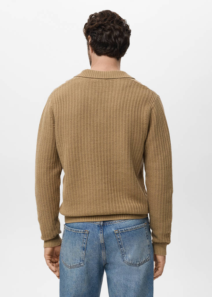 Knitted structured polo sweater — Beige