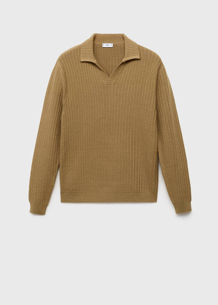 Knitted structured polo sweater — Beige