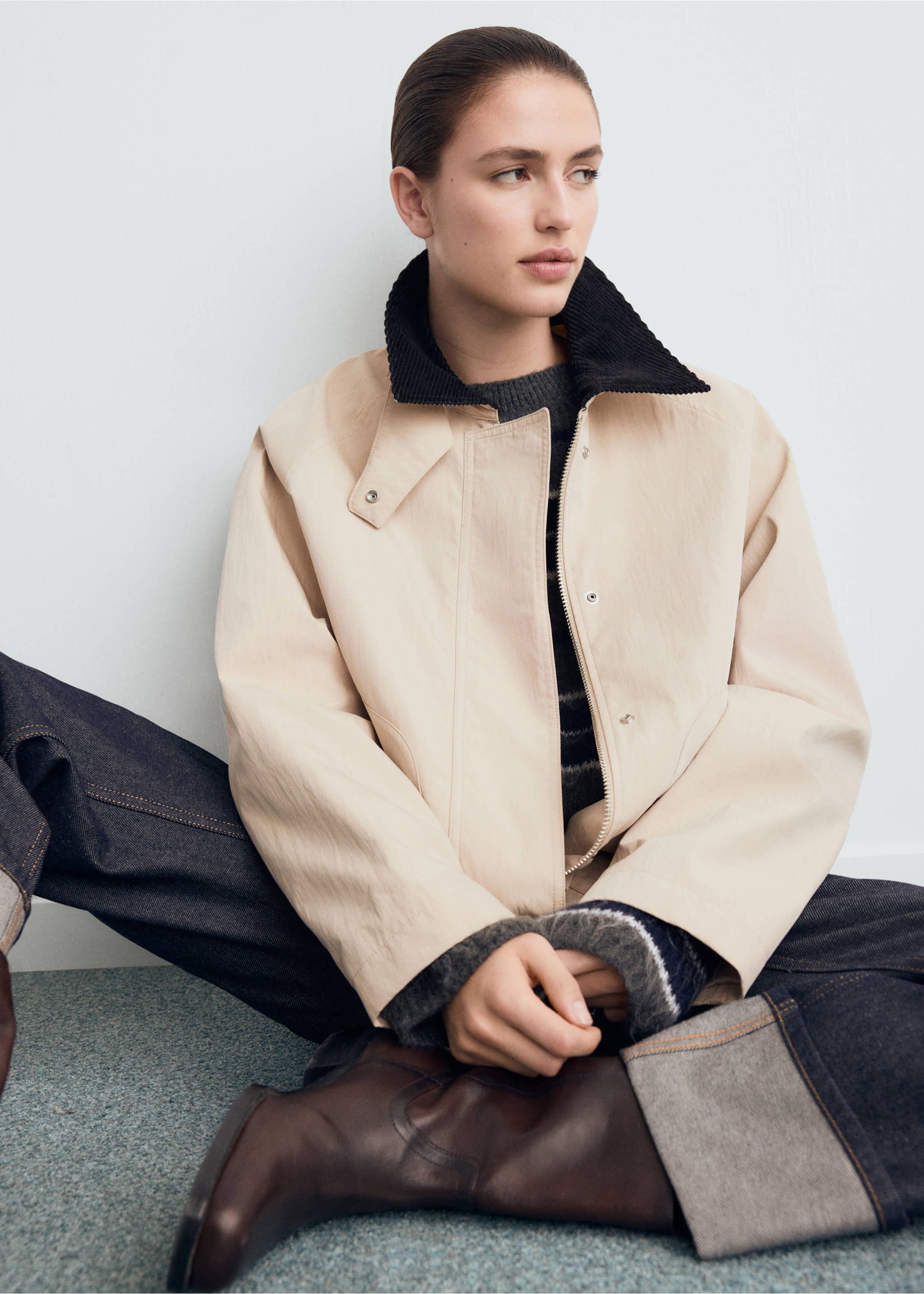 جاكيت قطن برقبة كوردروي - رؤية وسط, رمادي فاتح/خفيف. Ref: 17085160-00.