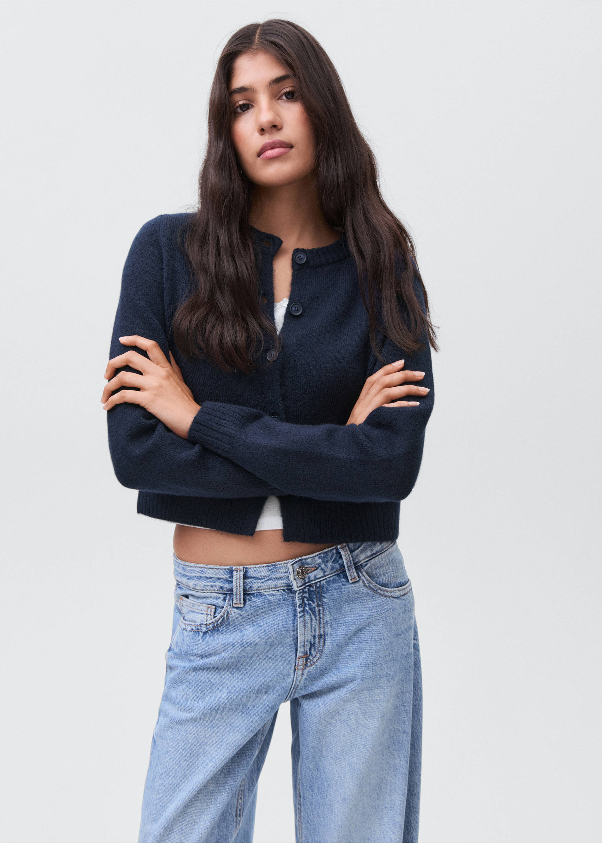Knitted button cardigan - Medium plane, Navy. Ref: 17085789-00.