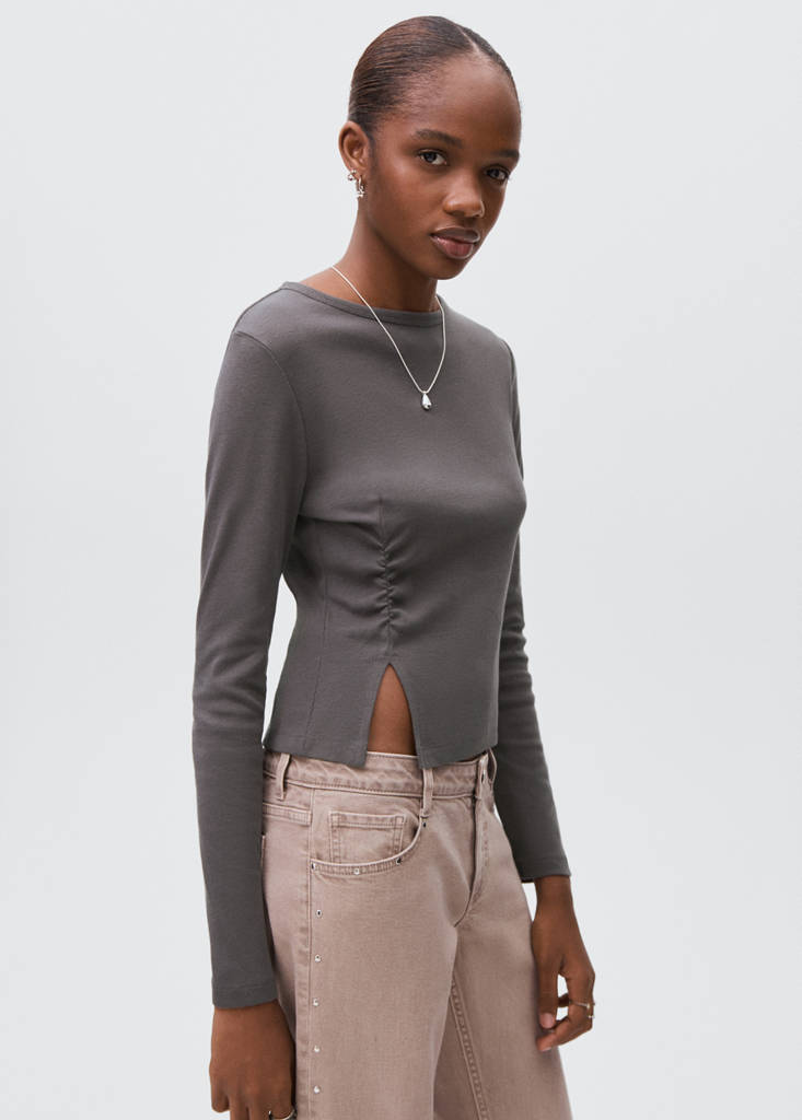 Gathered cotton t-shirt — Charcoal