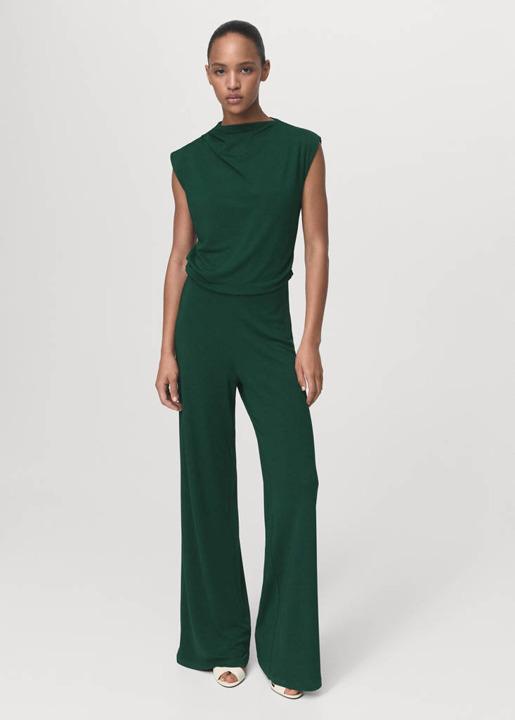 Straight-fit jumpsuit with draped neckline — Dark Green
