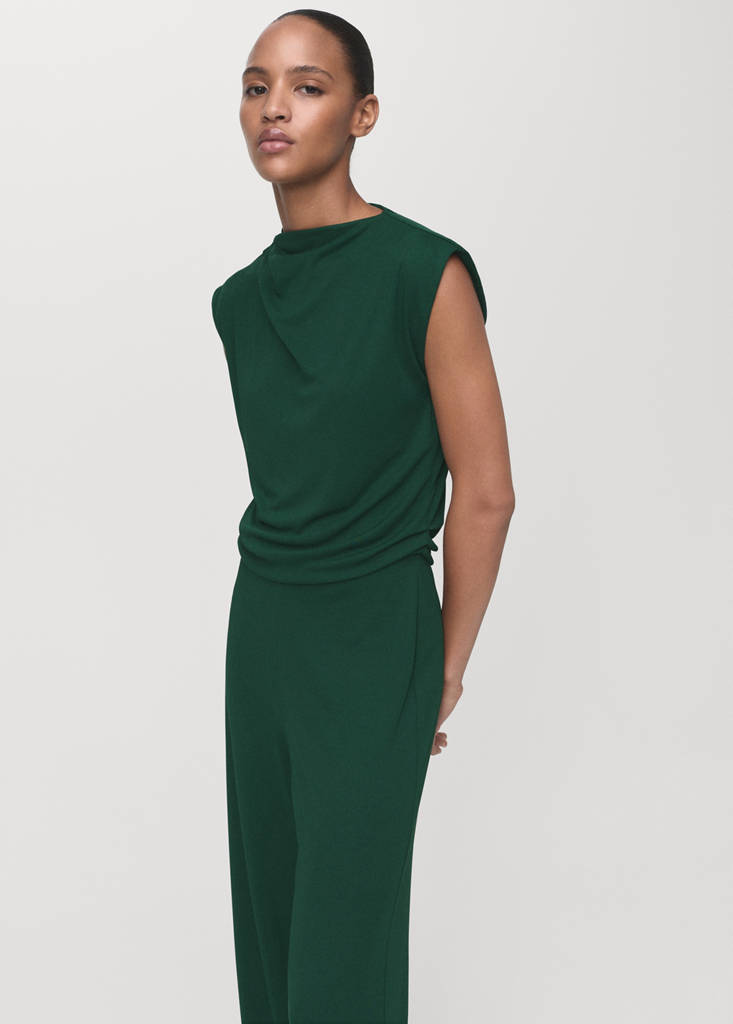 Straight-fit jumpsuit with draped neckline — Dark Green