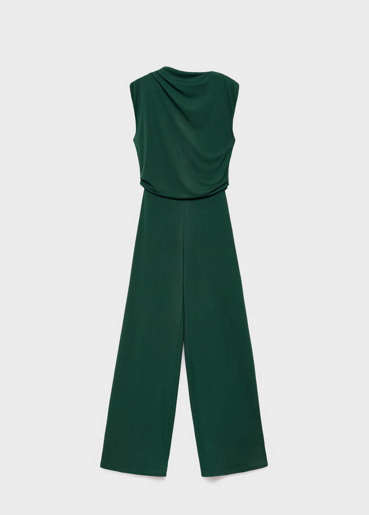 Straight-fit jumpsuit with draped neckline — Dark Green
