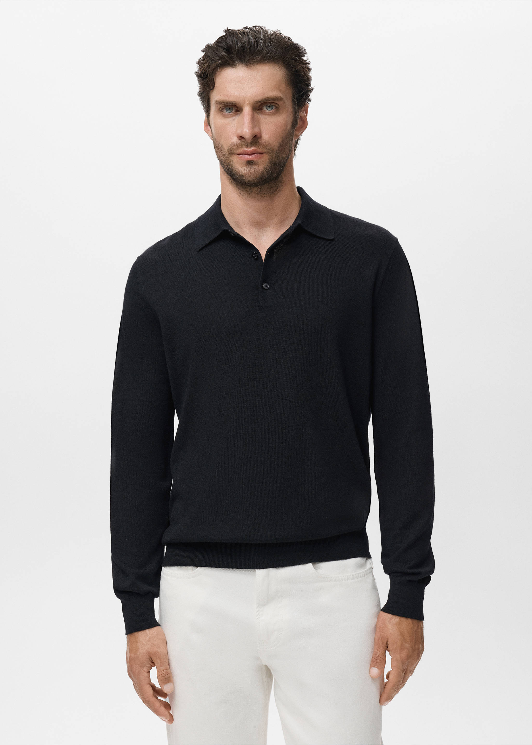 100% merino wool polo sweater - Medium plane, Black. Ref: 17085970-00.