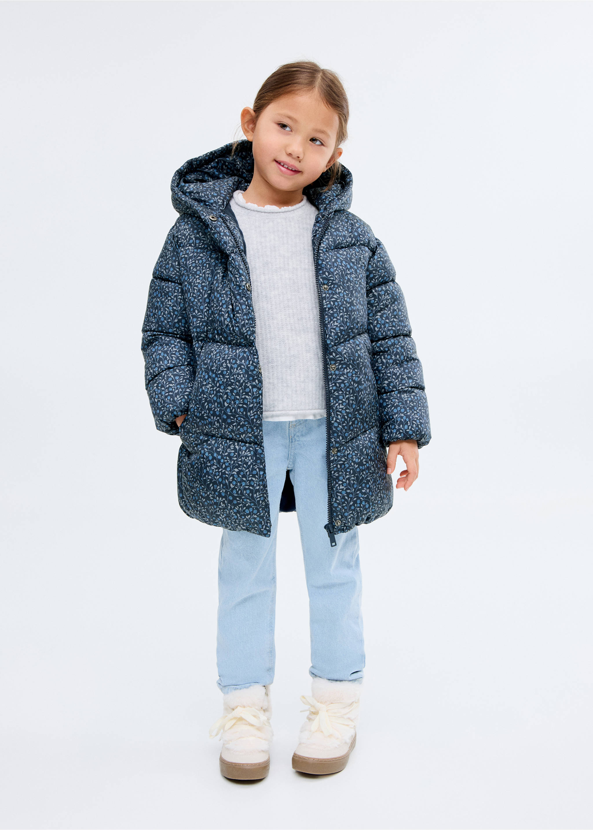 Long padded floral anorak - General plane, Navy. Ref: 17085974-00.