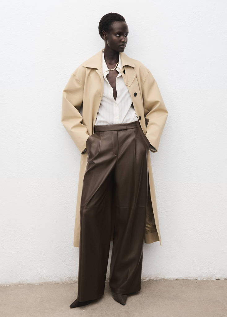 Wide leg faux-leather trousers — Khaki