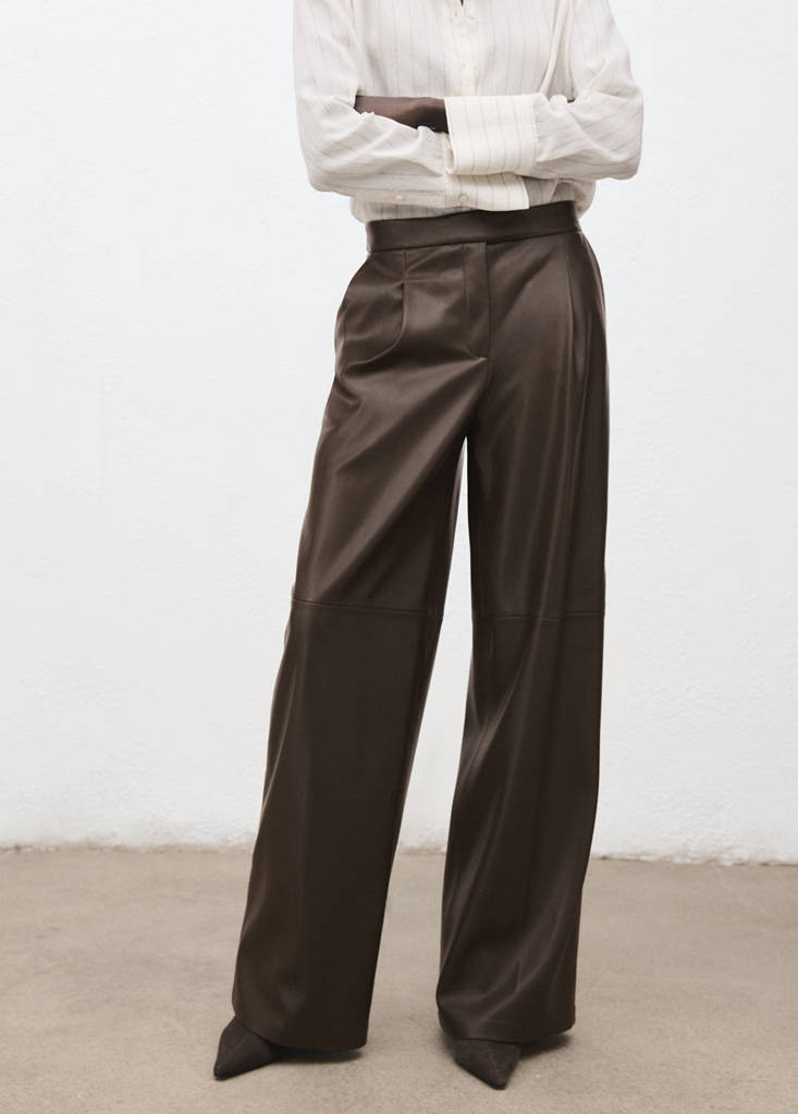 Wide leg faux-leather trousers — Khaki