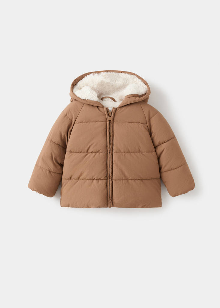 Fur-effect quilted coat — Chocolate
