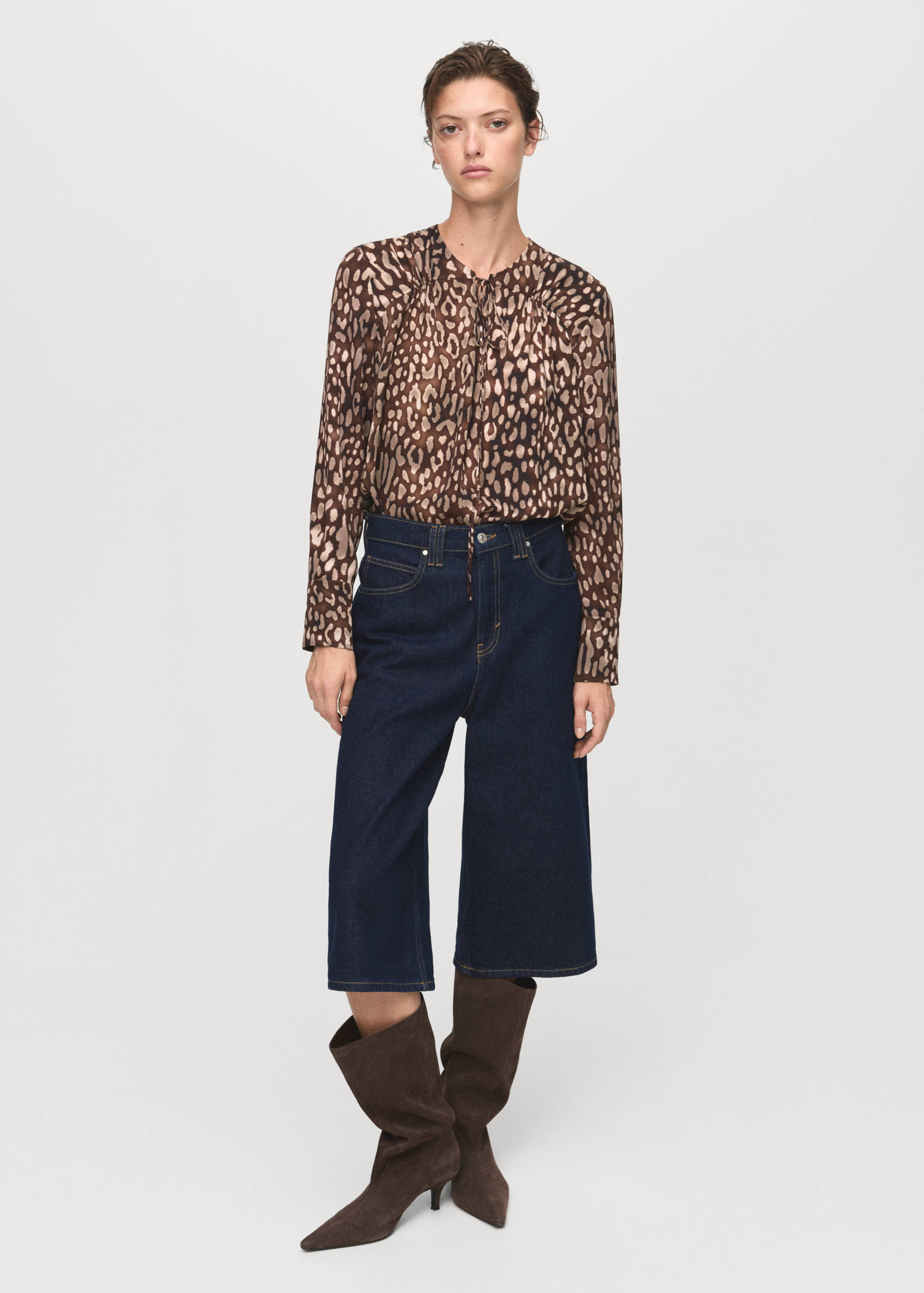 Satin leopard-print blouse with bow - General plane