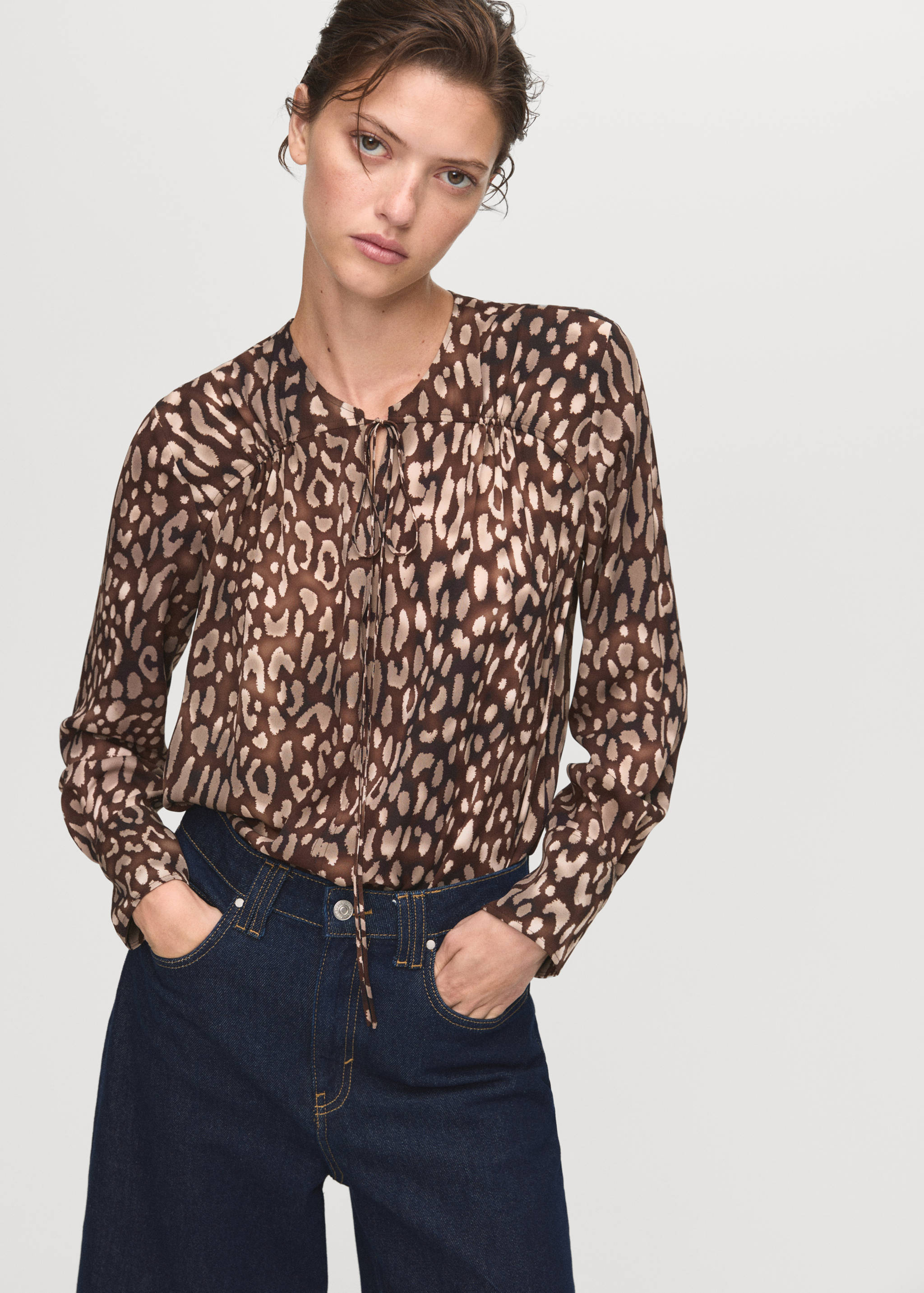 Satin leopard-print blouse with bow - Medium plane