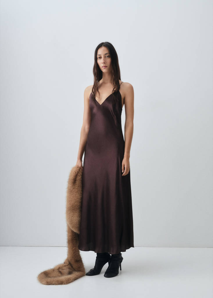 MANGO - Robe satinée soie marron - S