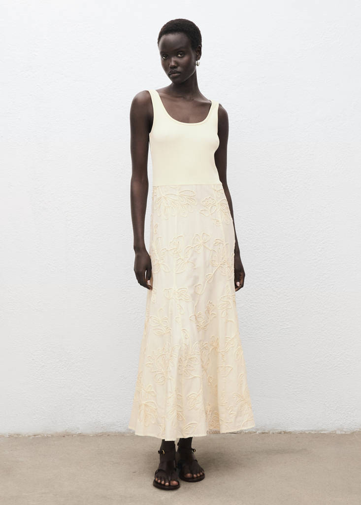 Floral-embroidered combined dress — Ecru