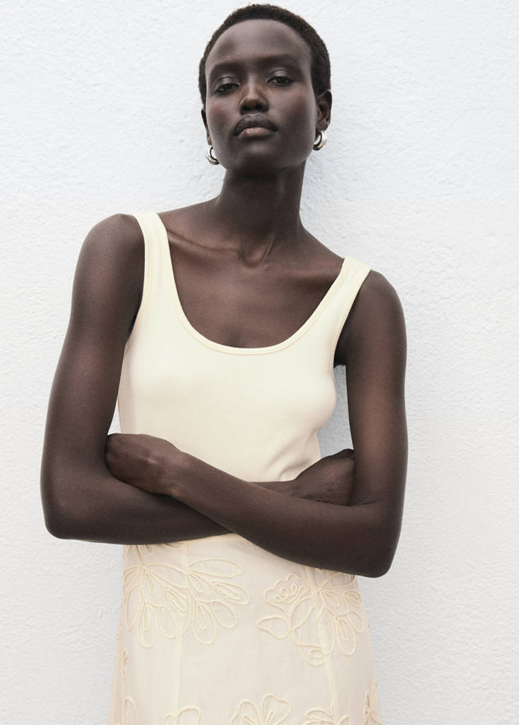Floral-embroidered combined dress — Ecru