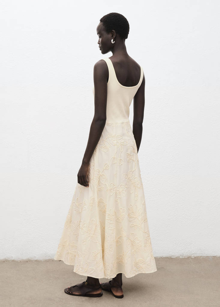 Floral-embroidered combined dress — Ecru