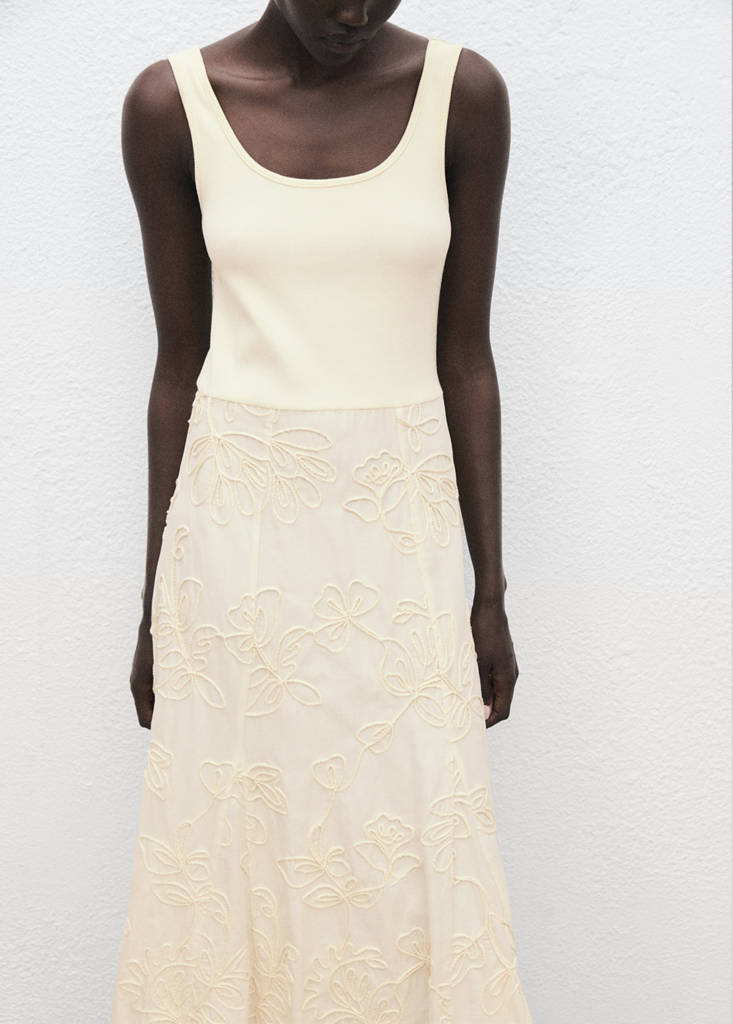Floral-embroidered combined dress — Ecru
