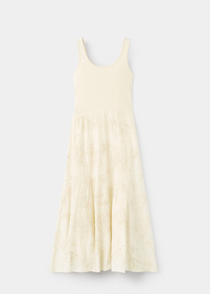 Floral-embroidered combined dress — Ecru