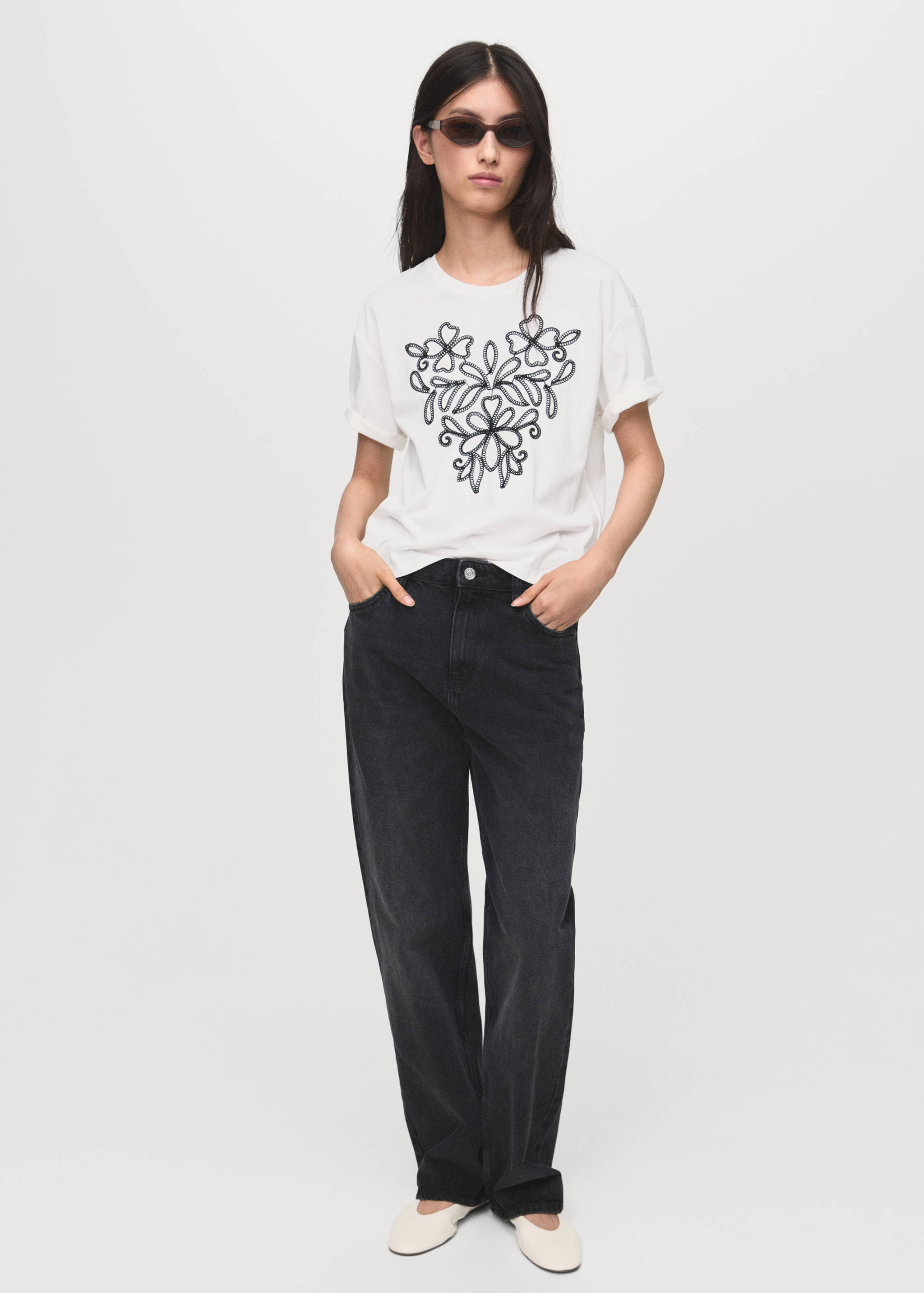 Floral-embroidered cotton t-shirt - General plane