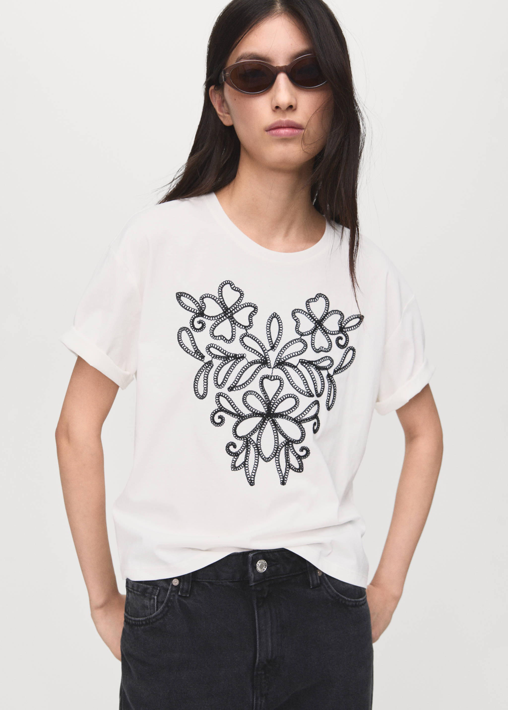 Floral-embroidered cotton t-shirt - Medium plane