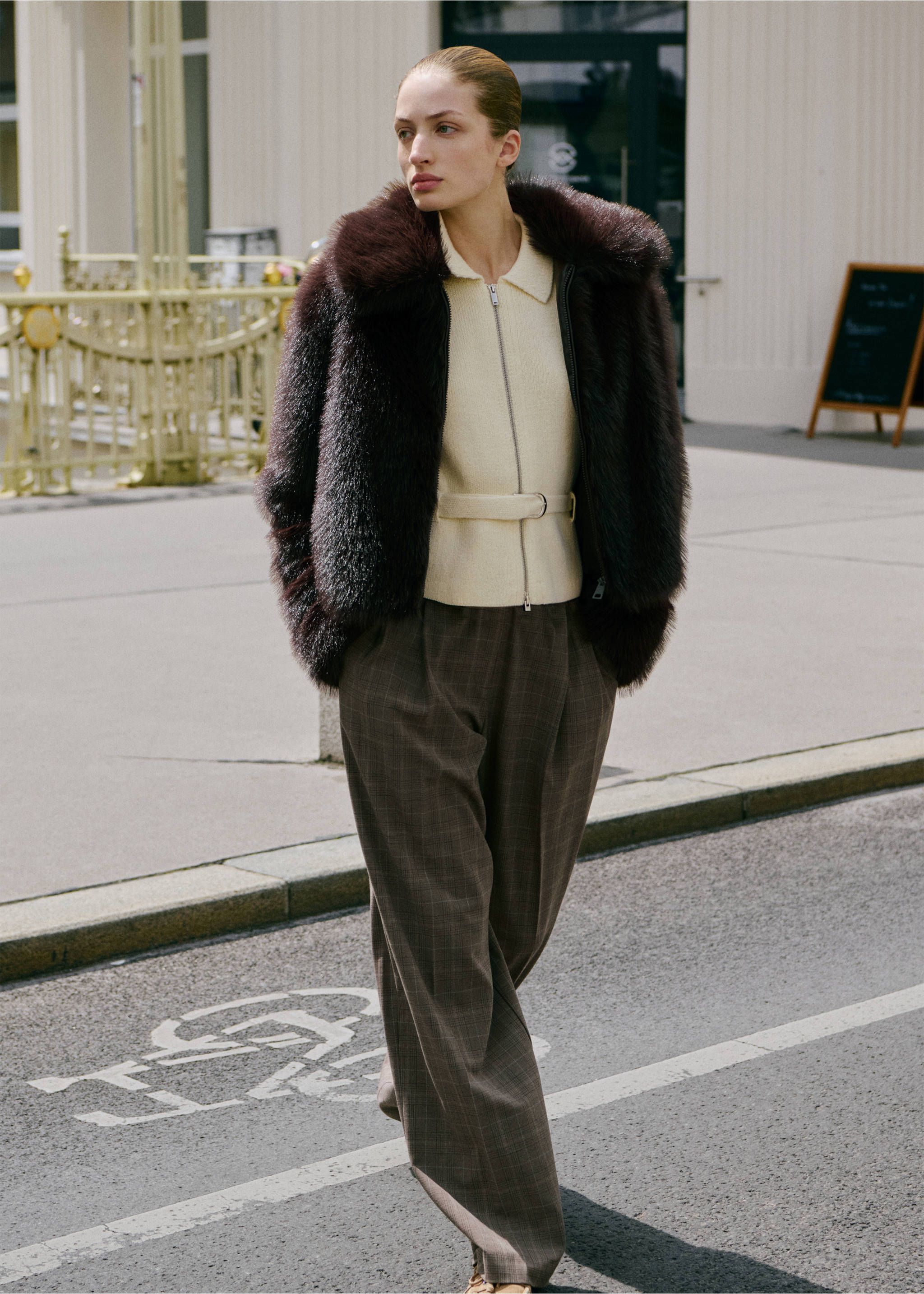 Veste fausse fourrure zip - Plan général, Marron. Ref: 17086738-00.